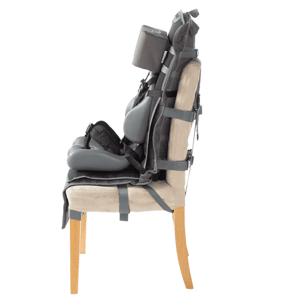 The Out & About seating system is easy to mount to regular chairs at restaurants, the movies, stadiums etc. easily fitted with Liner classic or Hip-Flex Side view
