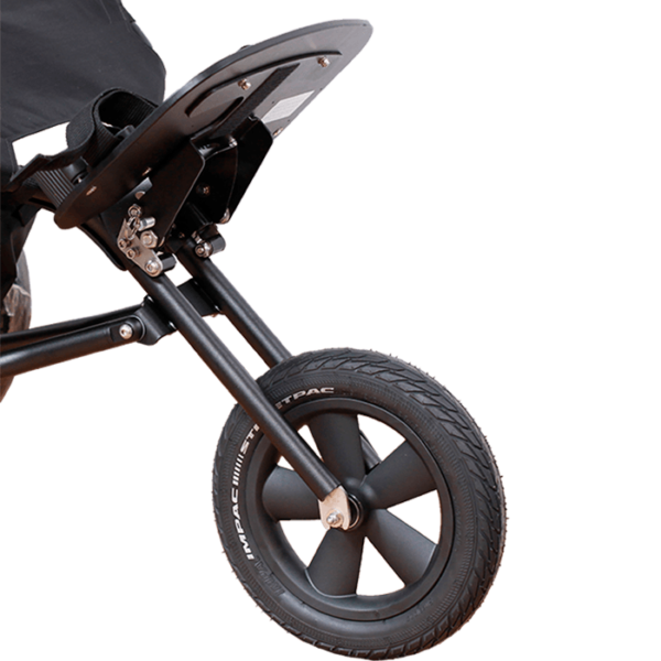 The Delta Jogger footrest can be folded up and down to support the kids legs while down
