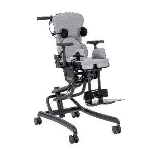 A gray and black wheelchair equipped with wheels, emphasizing its function for user mobility and support.