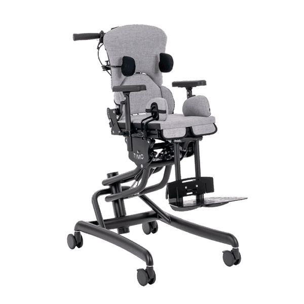 A gray and black wheelchair equipped with wheels, emphasizing its function for user mobility and support.