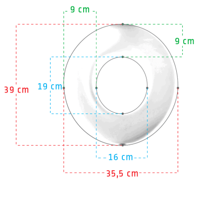 The round Potty seat has the following measurements. Inner circle 19 x 16 cm and 39 x 35,5 cm with an average 9 cm of soft touch padding circle
