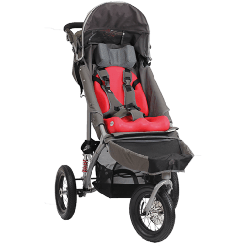 jogger push chair with cherry colored liner seat and headrest